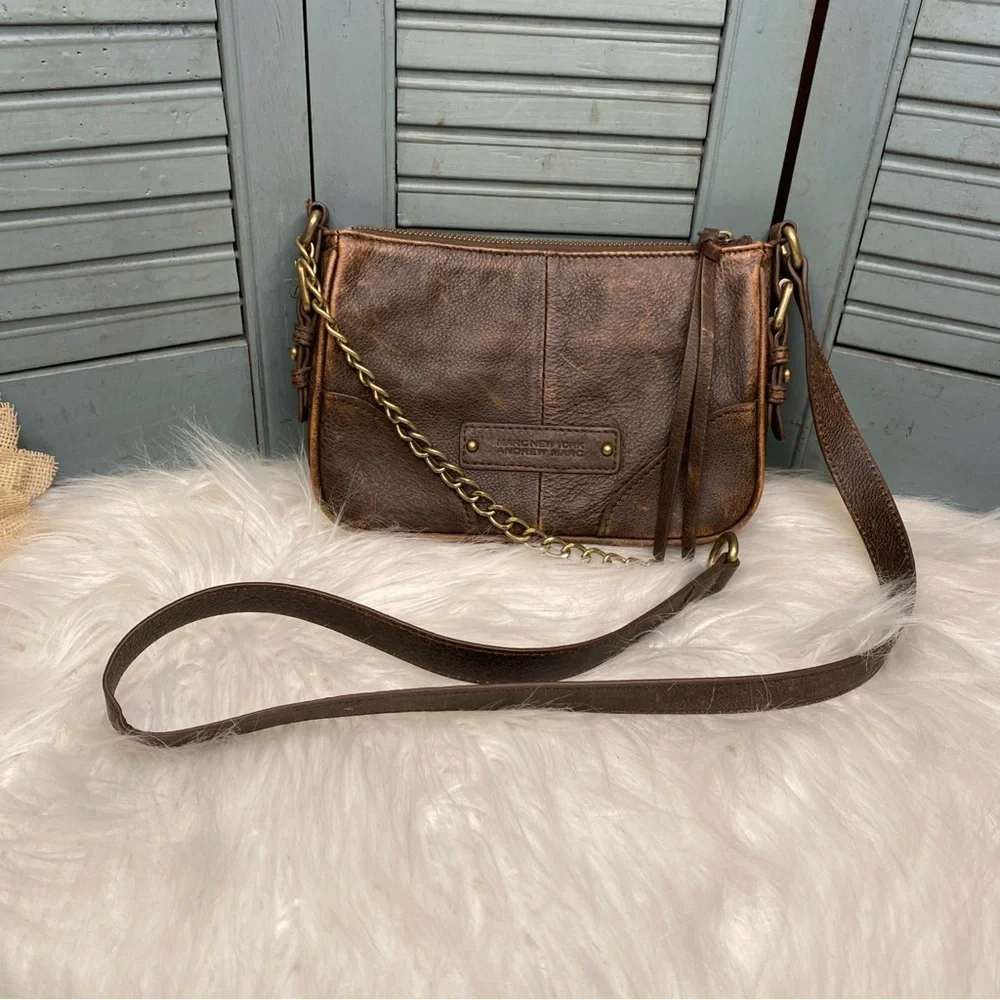 Marc New York Andrew Marc Brown Leather Crossbody Bag Multiple Zipper Pockets